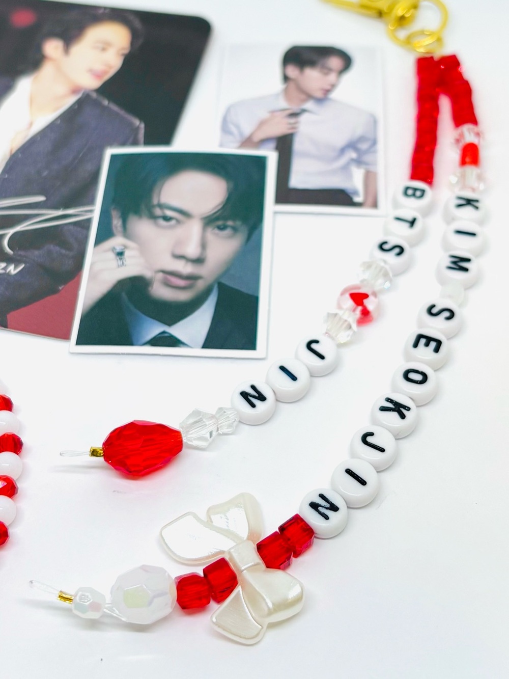 (6pcs) BTS JIN BEADED BRACELET KEYCHAIN PHOTOCARDS STICKERS BUNDLE - Picture 4 of 8